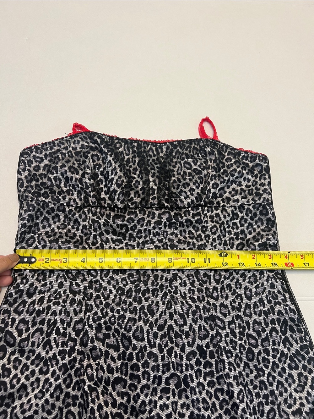 VINTAGE Y2K XOXO LEOPARD PRINT DRESS- MESH OVER SATIN WITH RED LACE STRAPS SMALL - Picture 7 of 15